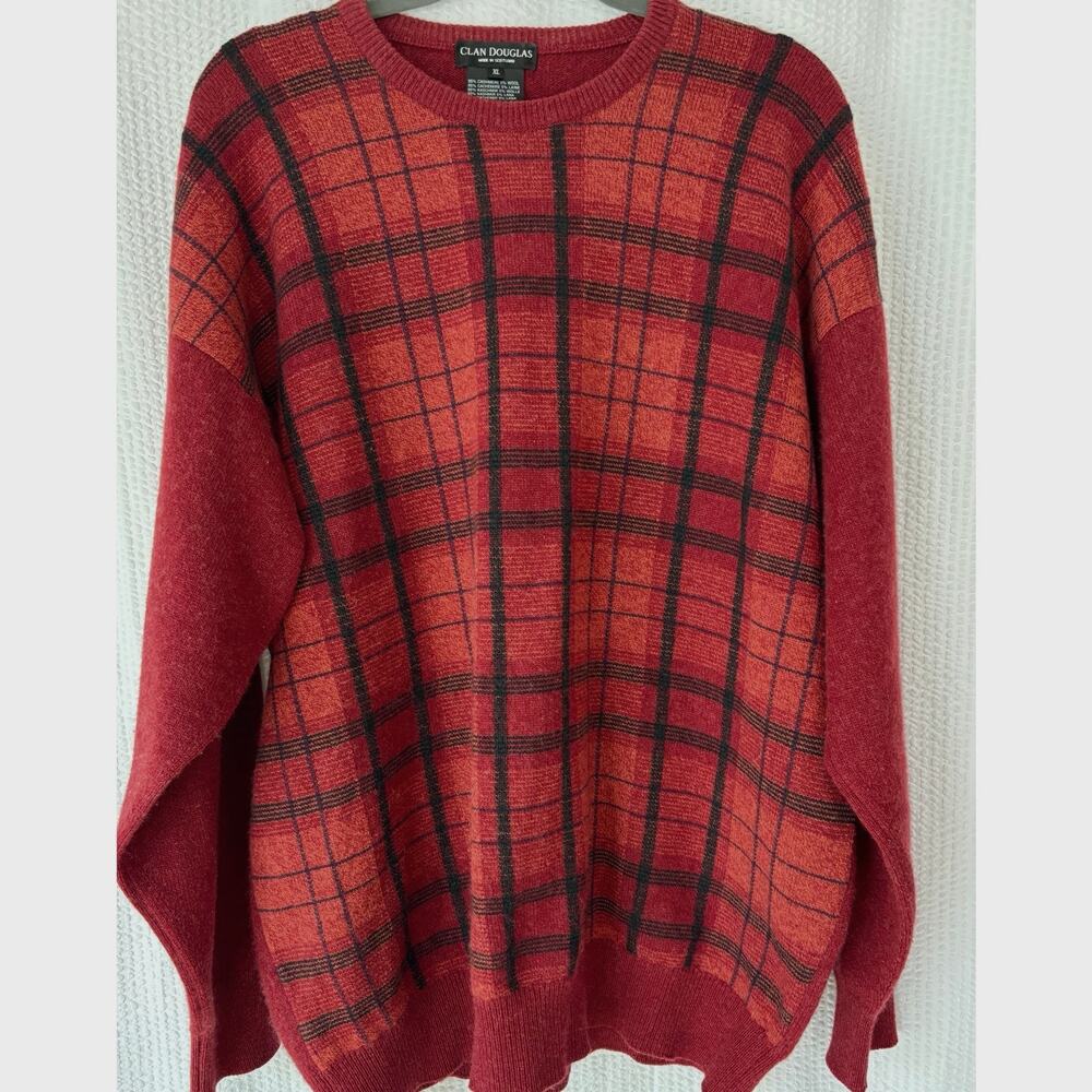 Vintage Clan Douglas Cashmere Wool Plaid Crewneck Sweater XL Made in Scotland
